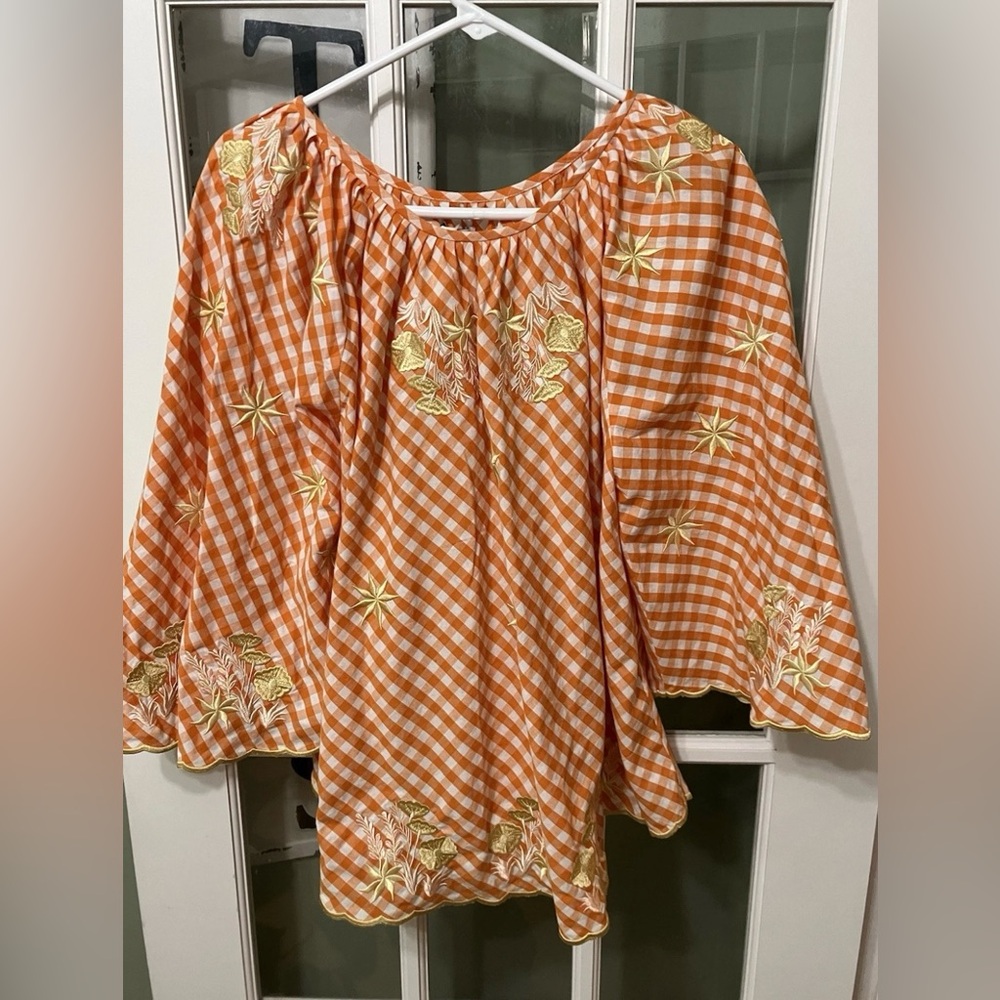 Innika Choo Gingham Print Embroidered Boho Butterfly Sleeve Top One Size Hippie